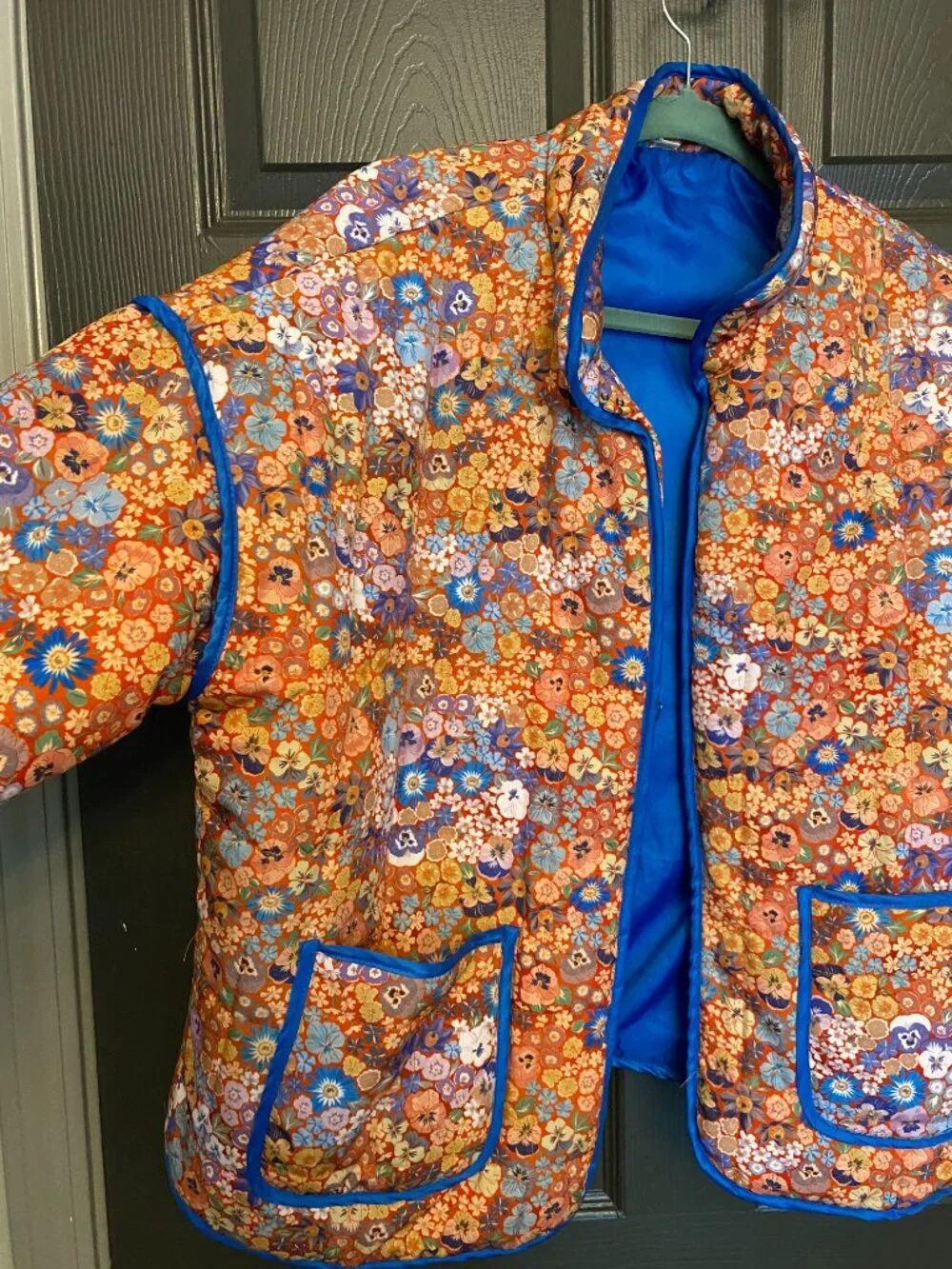 Womens Floral Quilted Jacket Medium Orange Blue Lightweight Puffer Coat Boho Poc - Picture 3 of 9